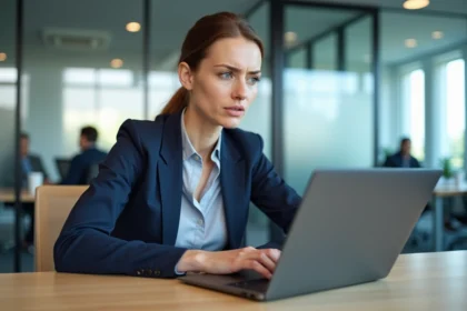 Femme professionnelle relisant attentivement un email avec les champs Cc et Cci visibles sur son écran d'ordinateur portable en bureau moderne