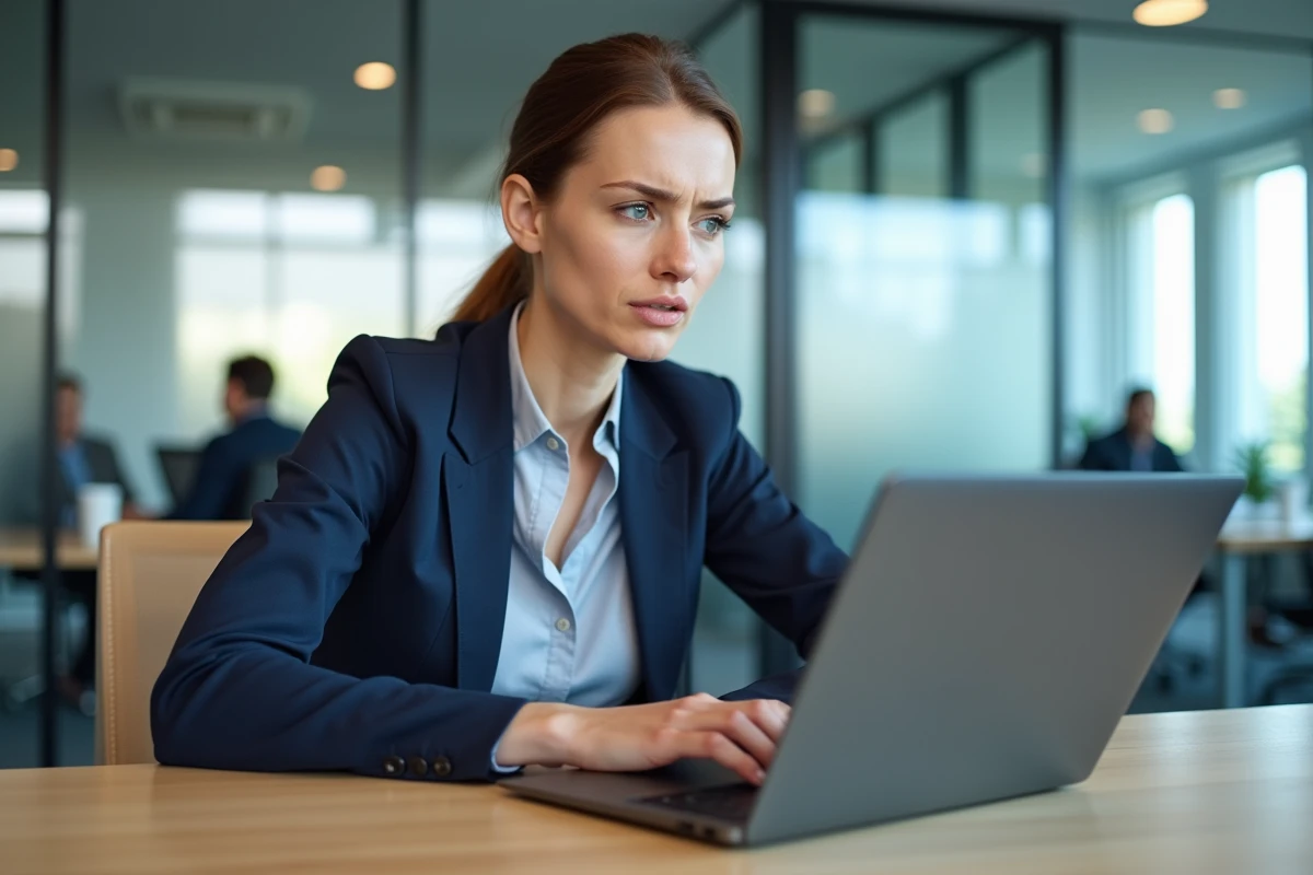 Femme professionnelle relisant attentivement un email avec les champs Cc et Cci visibles sur son écran d'ordinateur portable en bureau moderne