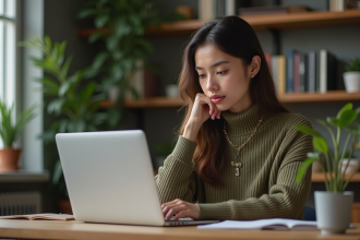 Jeune femme professionnelle lisant des flux RSS dans un bureau moderne