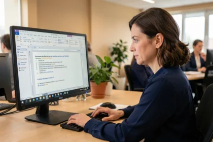 Femme professionnelle travaillant sur un publipostage Word avec des accents et montants formatés sur son écran de bureau