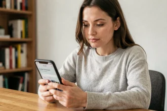 Femme utilisant Google Photos sur smartphone pour rechercher une photo par texte