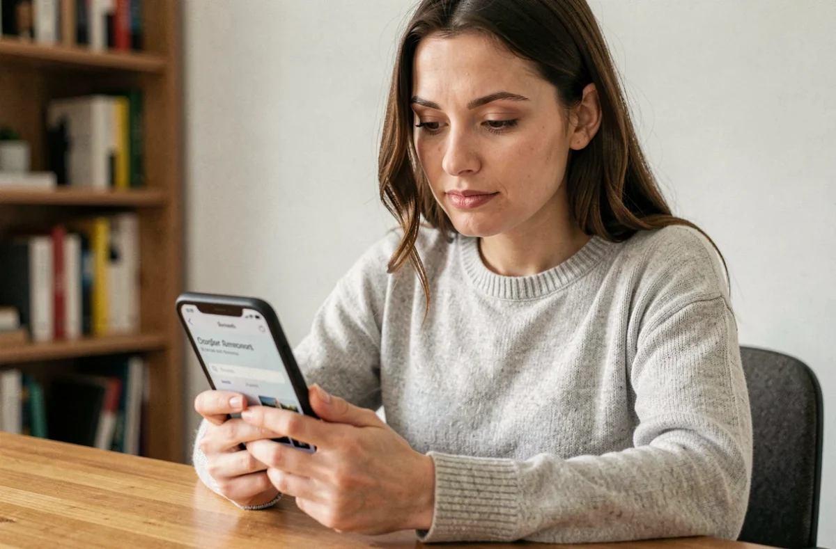 Femme utilisant Google Photos sur smartphone pour rechercher une photo par texte