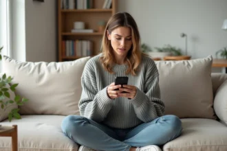 Femme regardant discrètement des stories Instagram sur son smartphone depuis son salon