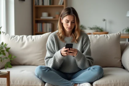 Femme regardant discrètement des stories Instagram sur son smartphone depuis son salon