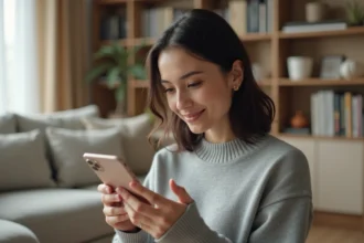 Femme configurant les réglages d'un Google Pixel 8a dans un salon moderne
