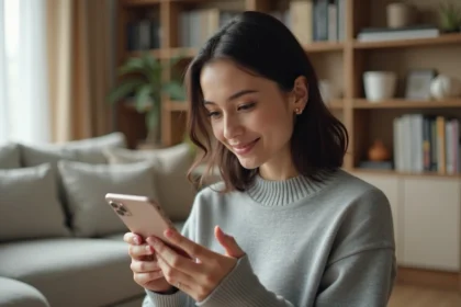 Femme configurant les réglages d'un Google Pixel 8a dans un salon moderne