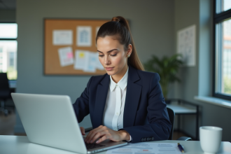 Femme professionnelle en bureau gérant sa reputation en ligne