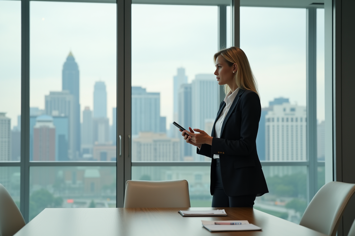 Femme en réunion regardant par la fenêtre avec smartphone