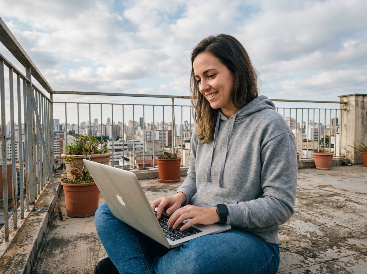Femme souriante sur un toit avec ordinateur et skyline