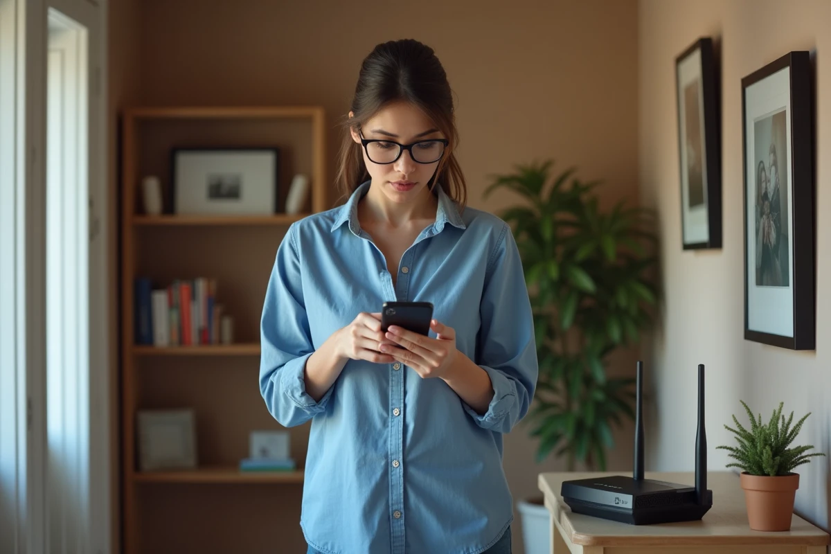 Femme vérifiant le routeur wifi avec son smartphone dans un intérieur cosy