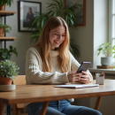 Jeune femme souriante utilisant son smartphone dans un espace cosy