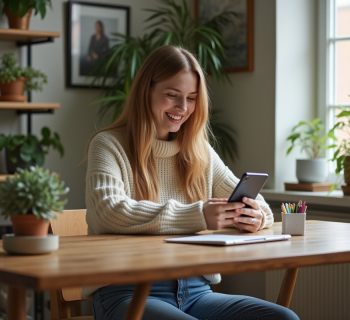 Jeune femme souriante utilisant son smartphone dans un espace cosy