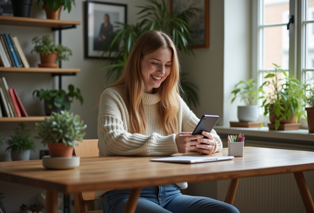 Jeune femme souriante utilisant son smartphone dans un espace cosy
