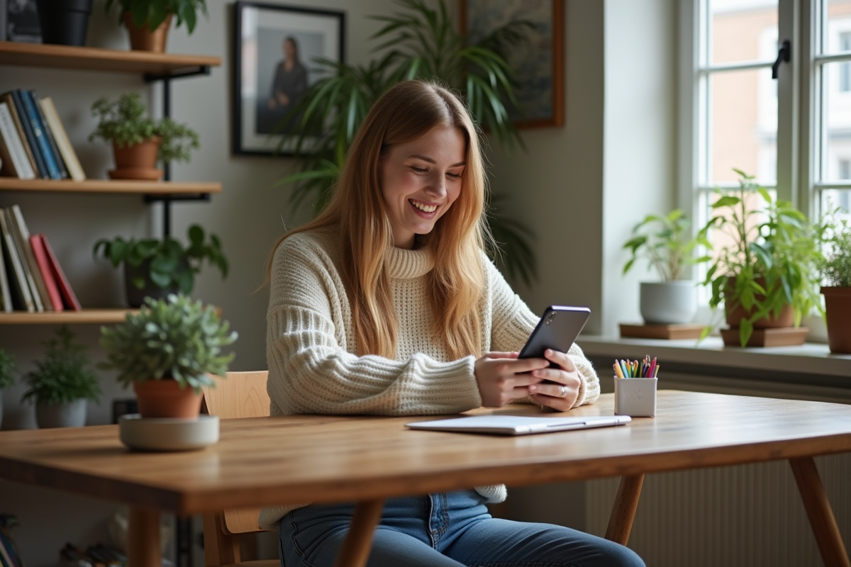 Jeune femme souriante utilisant son smartphone dans un espace cosy
