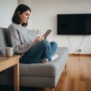 Jeune femme assise sur un canapé regardant une tablette