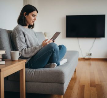 Jeune femme assise sur un canapé regardant une tablette