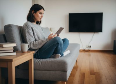 Jeune femme assise sur un canapé regardant une tablette