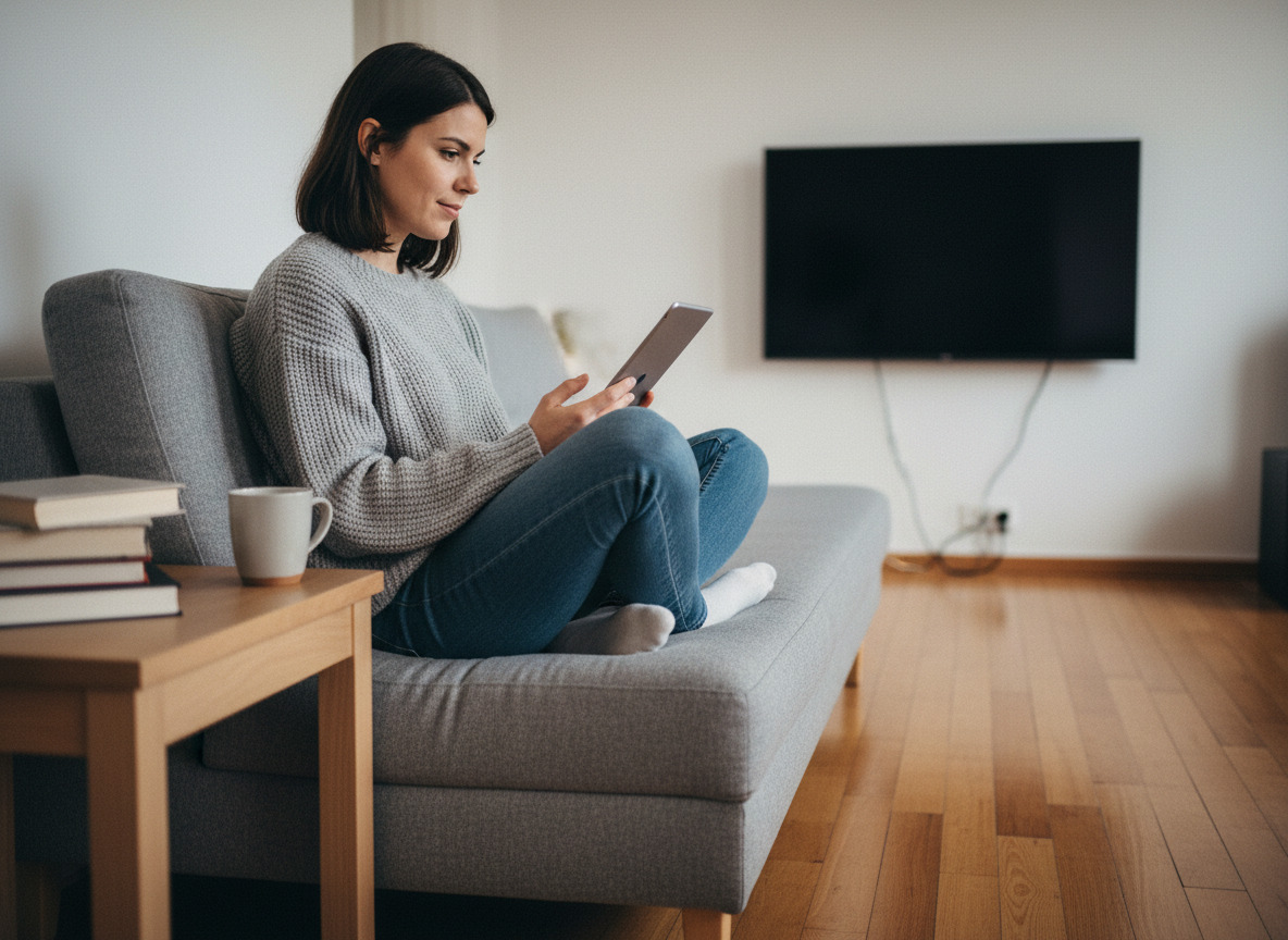 Jeune femme assise sur un canapé regardant une tablette