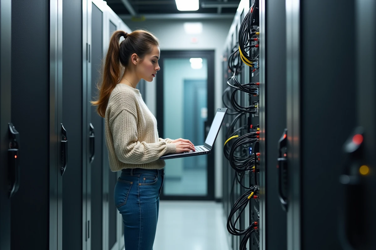 Jeune femme dans une salle serveurs consultant un câble réseau