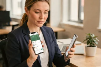 Femme professionnelle tenant un smartphone Android affichant deux applications séparées pour le travail et le personnel