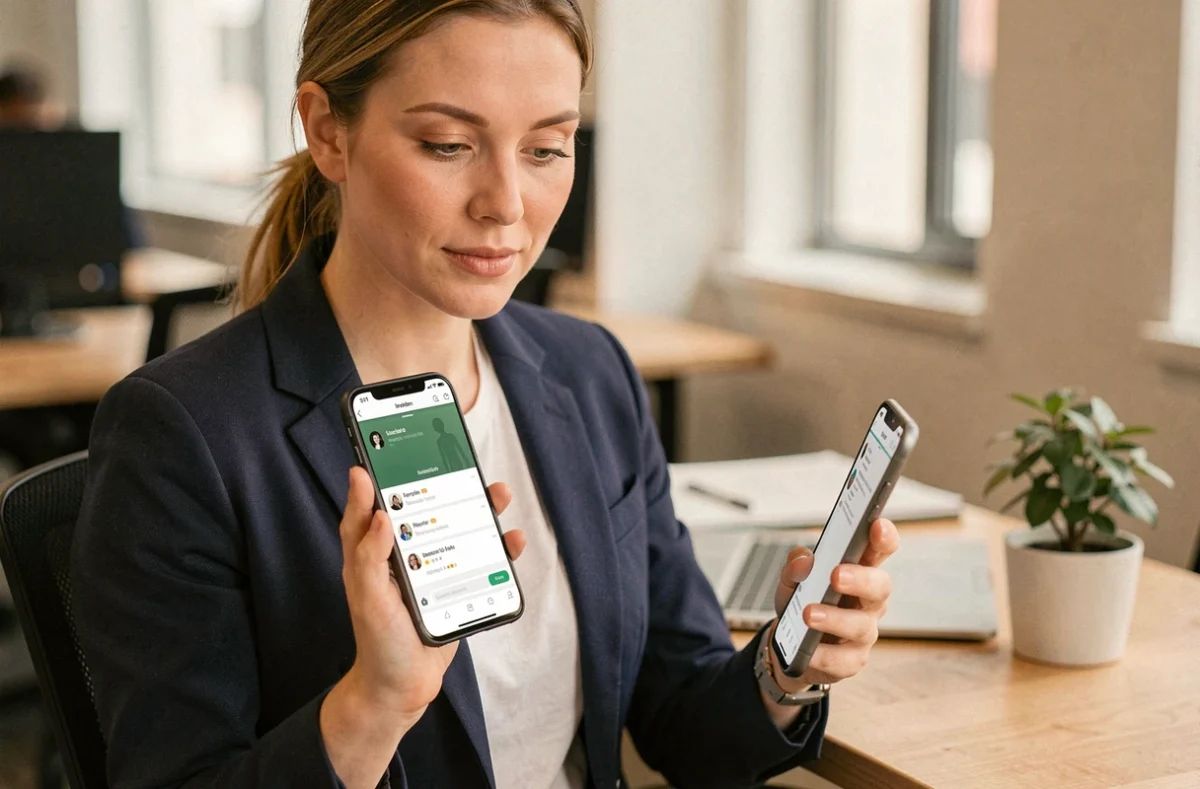 Femme professionnelle tenant un smartphone Android affichant deux applications séparées pour le travail et le personnel