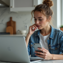 Femme assise à la cuisine avec smartphone et ordinateur