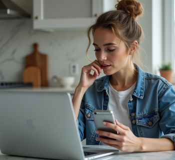 Femme assise à la cuisine avec smartphone et ordinateur
