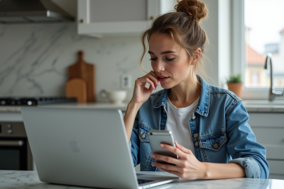 Femme assise à la cuisine avec smartphone et ordinateur