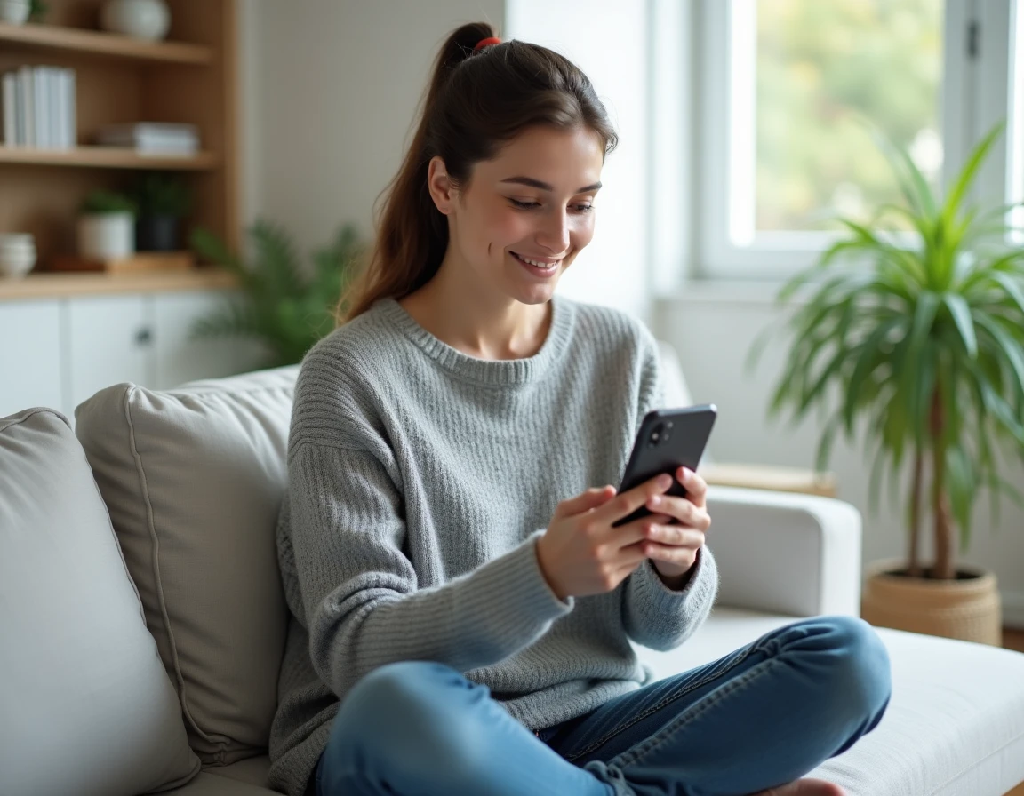Femme consultant les paramètres RAM et stockage d'un smartphone haut de gamme dans un salon moderne