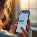 Jeune femme utilisant Messenger avec un sondage à l'écran