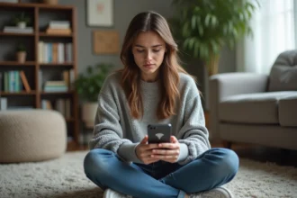 Jeune femme examine son smartphone Android avec WiFi