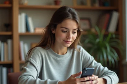Jeune femme utilisant WhatsApp sur smartphone pour surligner un message important dans une conversation