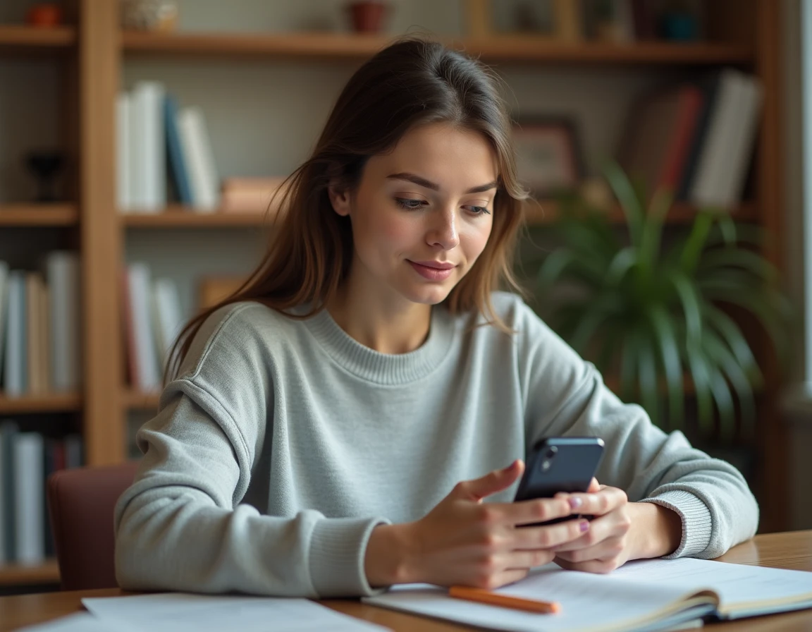 Jeune femme utilisant WhatsApp sur smartphone pour surligner un message important dans une conversation