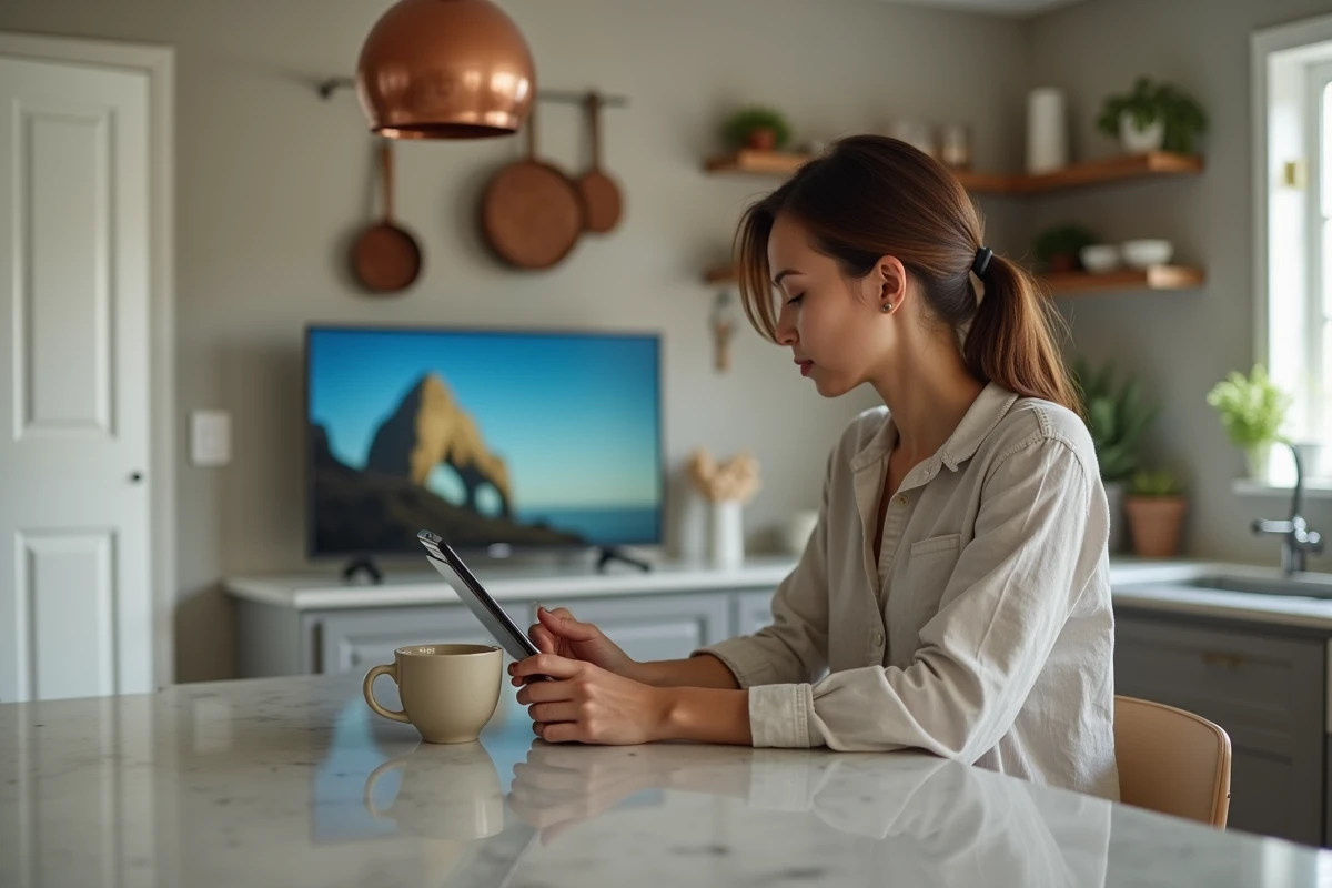 Femme consultant l'application TV SFR sur une tablette dans une cuisine moderne avec télévision connectée en arrière-plan