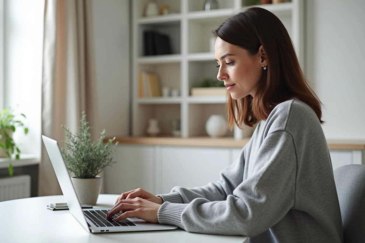 Femme en télétravail consultant sa messagerie webmail sur un ordinateur portable dans un bureau à domicile épuré et moderne