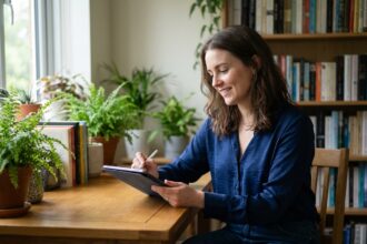 Jeune femme concentrée sur une tablette dans un bureau cosy