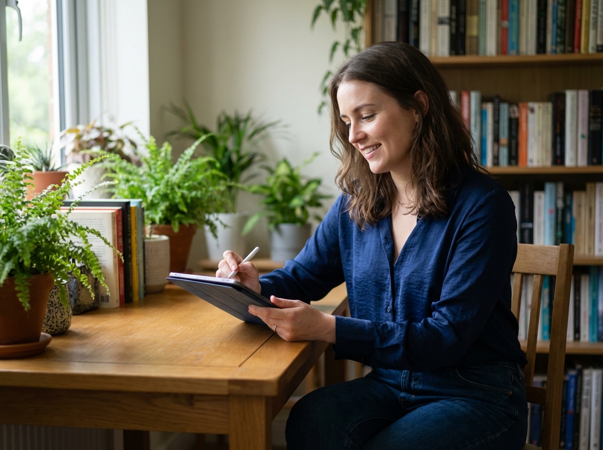 Jeune femme concentrée sur une tablette dans un bureau cosy