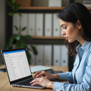 Femme au bureau vérifiant ses emails sur Google Drive