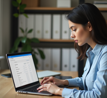 Femme au bureau vérifiant ses emails sur Google Drive