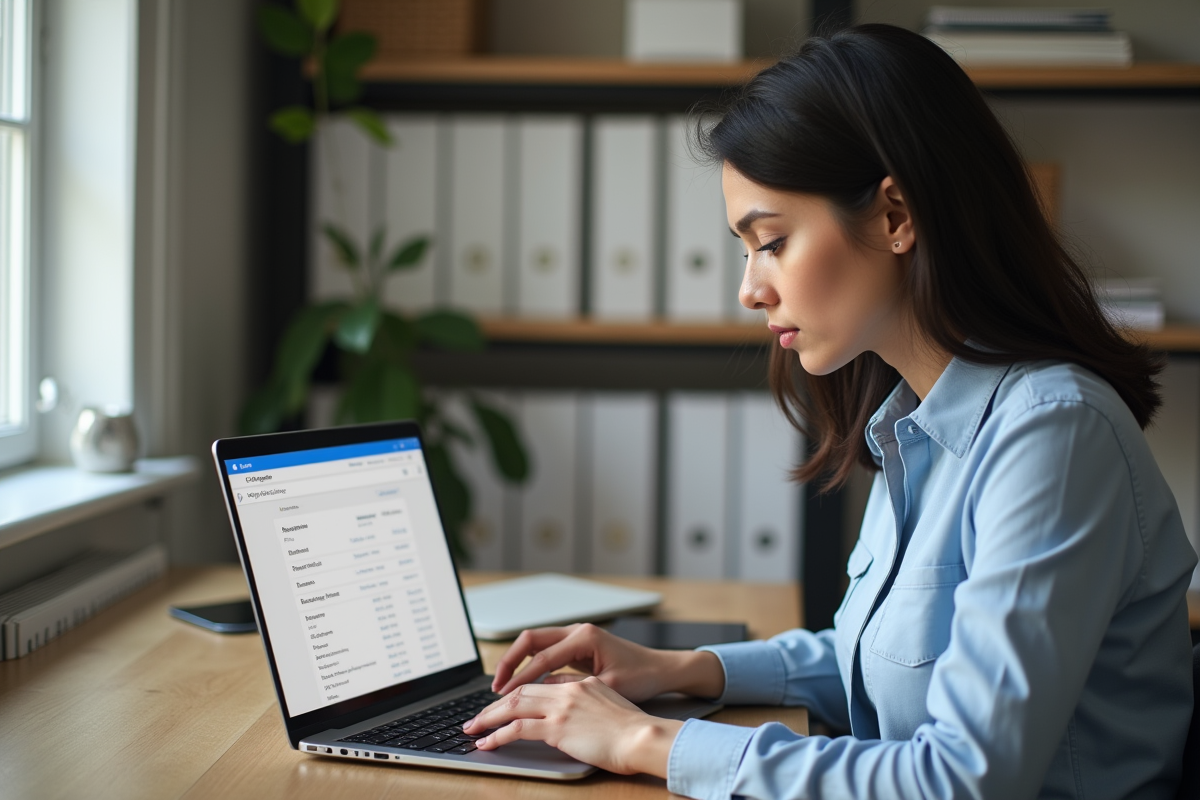 Femme au bureau vérifiant ses emails sur Google Drive