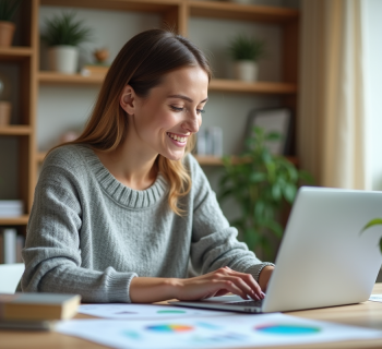Femme souriante travaillant sur un ordinateur à la maison