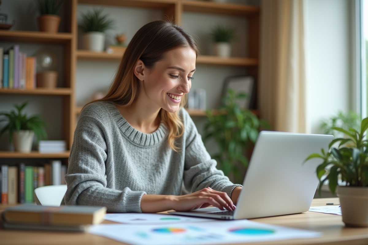 Femme souriante travaillant sur un ordinateur à la maison