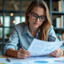 Jeune femme en blouse arrangeant des schémas de données