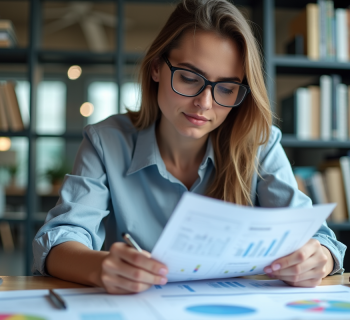 Jeune femme en blouse arrangeant des schémas de données