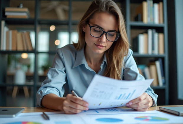 Jeune femme en blouse arrangeant des schémas de données