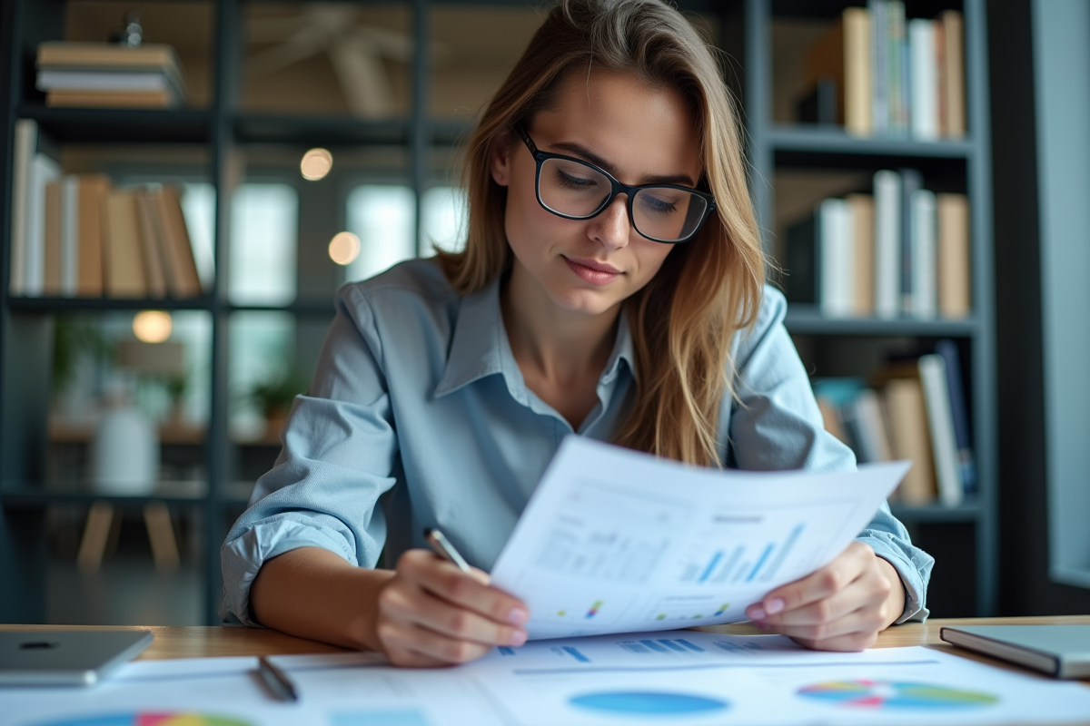Jeune femme en blouse arrangeant des schémas de données