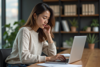Jeune femme concentrée travaillant sur son ordinateur portable