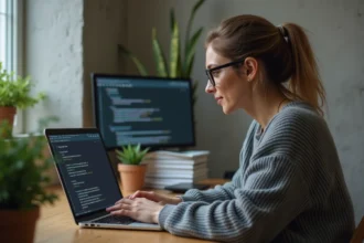 Femme concentrée travaillant sur un ordinateur portable dans un espace intérieur
