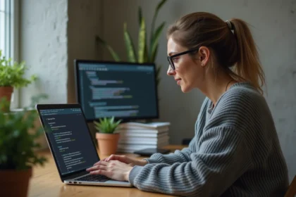 Femme concentrée travaillant sur un ordinateur portable dans un espace intérieur