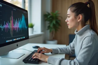 Jeune femme mesurant sa vitesse de frappe au clavier en temps réel sur un bureau minimaliste